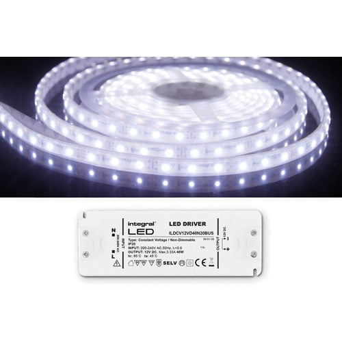 Integral LED Strip And Driver Kit Ip67 5M 6500K 12V 6W/M 350Lm/M 60Led/M 10Mm Width 115 Beam Box Pack With 12V Ip20 40W Driver Integral  - ILSTWHIC065W