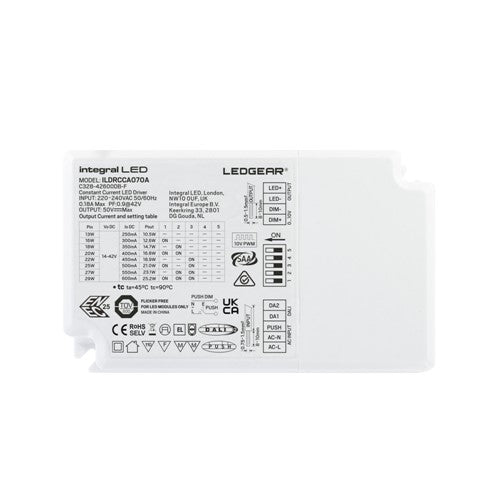 Integral LED Constant Current Driver Adjustable Output 13-29W 250-600Ma Ip20 Dali- Dali2 - Push-Dimm 0-10V Dimmable 14-42V Output Integral  - ILDRCCA070A