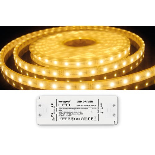 Integral LED Strip And Driver Kit Ip67 5M 3500K 12V 6W/M 325Lm/M 60Led/M 10Mm Width 115 Beam Box Pack With 12V Ip20 40W Driver Integral  - ILSTWHIC064W