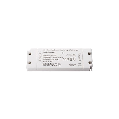 Integral LED Constant Voltage Driver 30W 24Vdc Ip20 Triac Dimmable 200-240V Input 1.5W Min Load Ecopac Power  - ELED-30P-24T